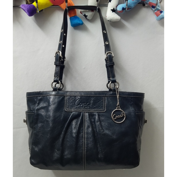 Coach Navy Blue Patent Leather Double Handles Zipper Closure Tote Bag - Picture 16 of 16